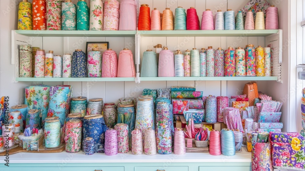 Fototapeta premium Vibrant Sewing Room with Pastel Fabrics and Decor