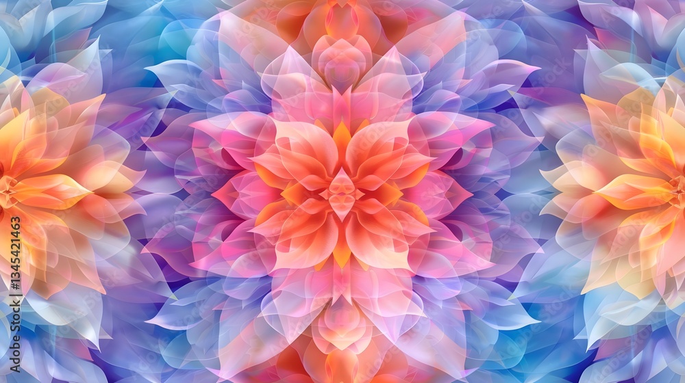 Obraz premium Radiant Lotus Kaleidoscopic Floral Pattern with Symmetrical Motifs in Vibrant Jewel Tones Mesmerizing abstract and digital artwork with a mystical psychedelic and dreamlike