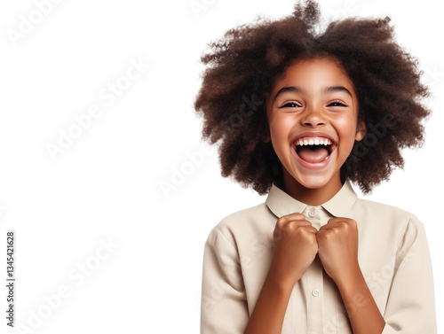 Joyful Child with Curly Hair Expressing Happiness and Excitement in Studio Portrait