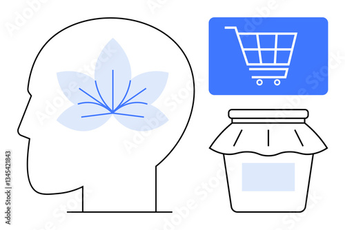 Human profile with flower inside emphasizes mindfulness. Jar represents natural products. Shopping cart alludes to e-commerce. Ideal for wellness, sustainability, decision-making, natural goods