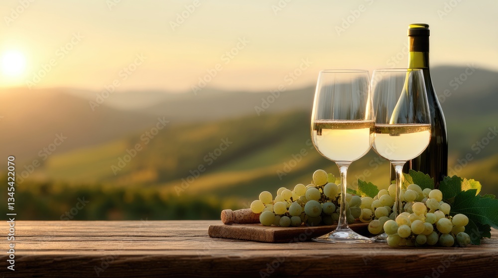Fototapeta premium Serene Vineyard Sunset with Wine Glasses and Grapes on Rustic Table