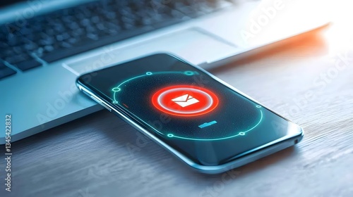 Smartphone on desk vibrates with a red warning alert on the screen showing a smishing attack notification with the reflection of a hacker in a hoodie visible typing on a laptop