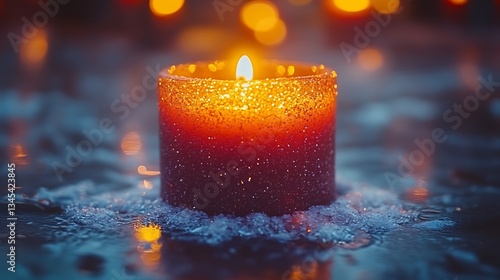 Glimmering Candle in Winter Night.