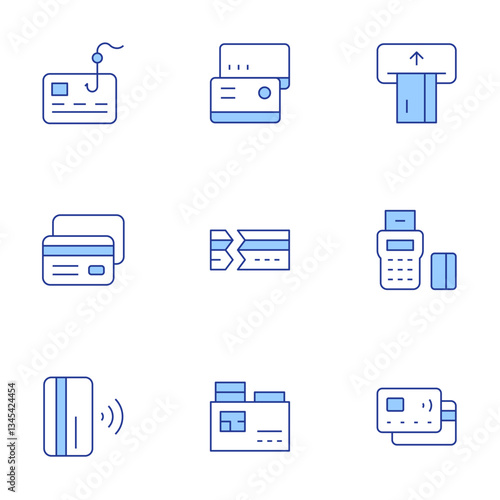 Credit card icons set. Line Duotone style, editable stroke. credit card, edc, phishing, contactless