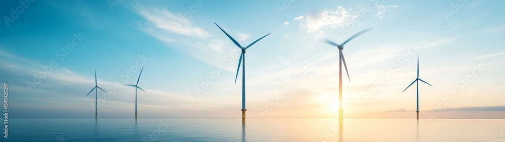 Obraz premium Wind Turbines at Sunset Over Calm Ocean Water with Blue Sky