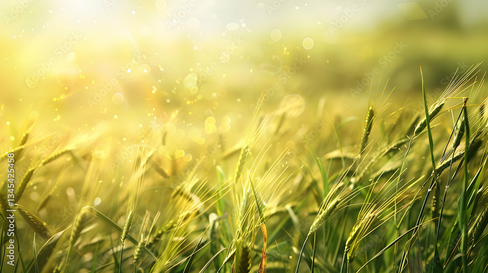 Fototapeta premium Golden wheat field swaying gently in the breeze under a warm, glowing sunlight backdrop