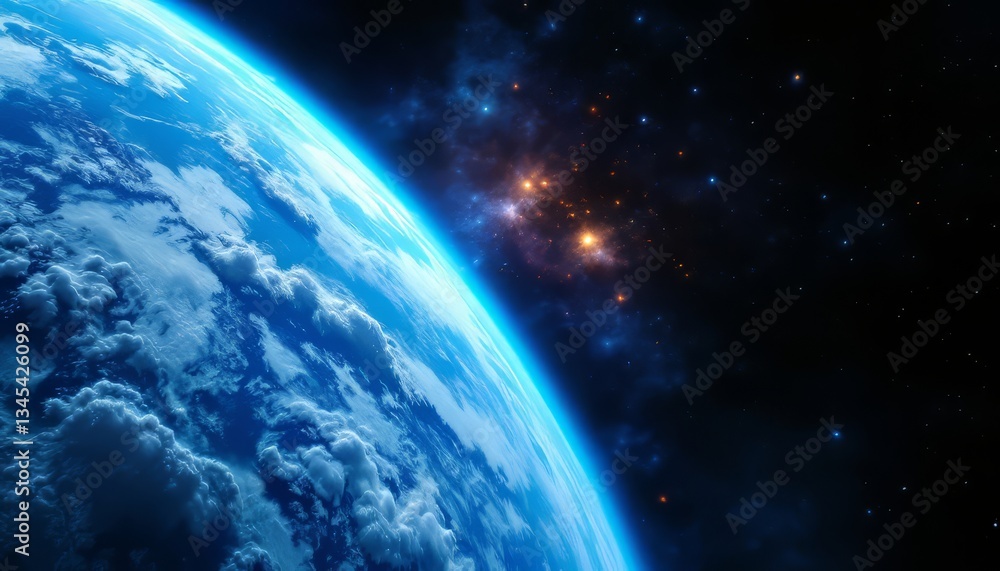 Obraz premium Earth From Space with Clouds and Starry Nebula Background View