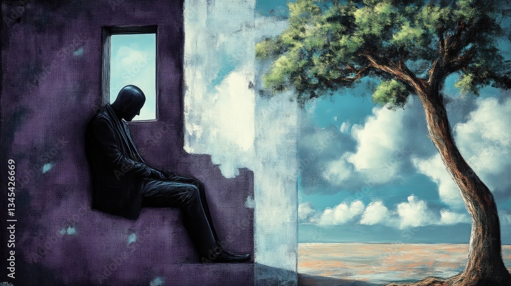 Solitude contrasted with serenity. A man sits in a small opening in a weathered wall, while a vibrant landscape of sky and tree unfolds beyond