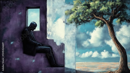 Obraz na płótnie Solitude contrasted with serenity. A man sits in a small opening in a weathered wall, while a vibrant landscape of sky and tree unfolds beyond w salonie