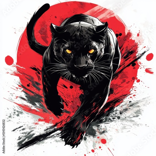 ** Dynamic Illustration of a Black Panther with Intense Eyes Against a Bold Red and White Abstract Background..**
