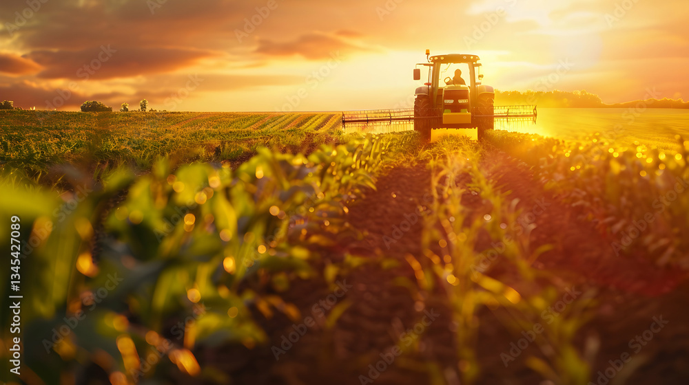 Fototapeta premium Tractor spraying crops at sunset in a vibrant agricultural landscape with golden light