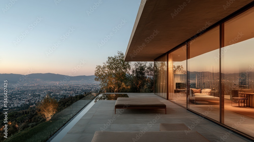 Fototapeta premium Modern House with Infinity Pool Overlooking City at Sunset