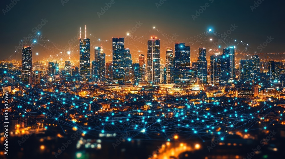 Fototapeta premium Futuristic city at night, connected by digital network