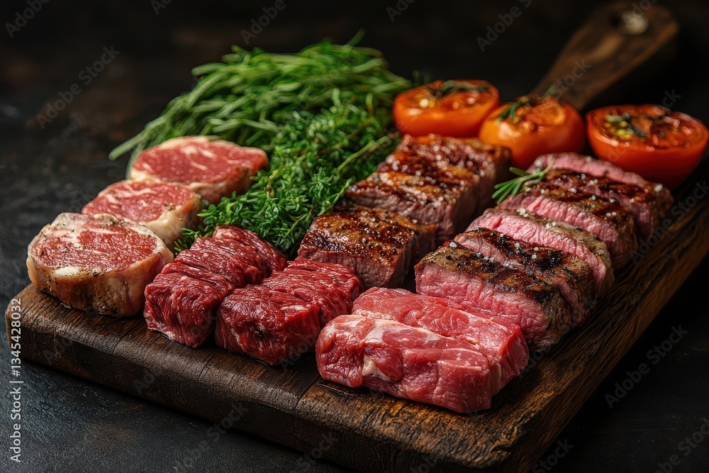 Fototapeta premium artisanal butcher shop display with premium cuts arranged on rustic wooden boards garnished with fresh herbs warm lighting highlighting marbling and textures