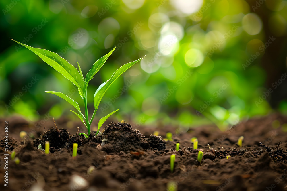 Fototapeta premium Young green plant emerging from rich soil with blurred greenery in the background