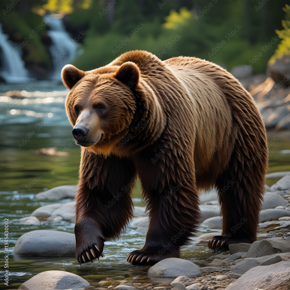 Obraz premium Capture the raw beauty of nature with this breathtaking image of a majestic brown bear walking along the rocky shore of a pristine river. Surrounded by lush greenery