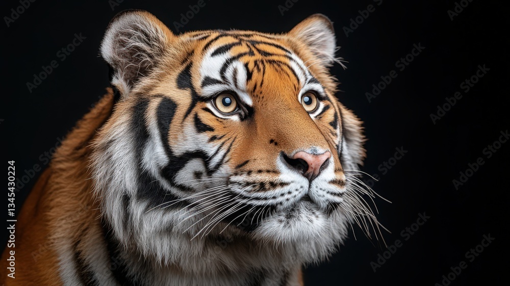 Naklejka premium Close Up Portrait of a Majestic Tiger Against a Black Background