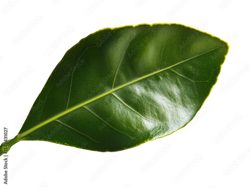 Obraz premium Glossy Green Leaf on White Background: Nature's Simplicity and Elegance in Macro Photography
