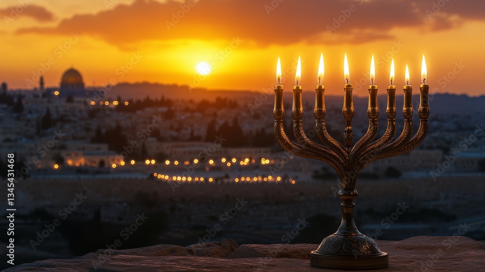 Fototapeta premium beautiful Hanukkah with a candle at sunset
