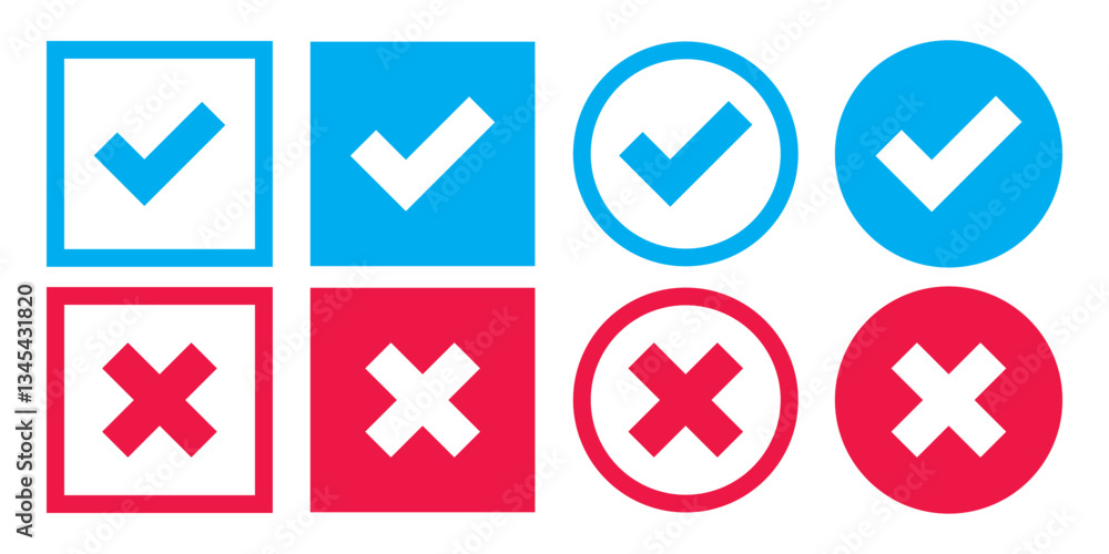 Tick, cross icon button set. Yes or no symbol, approved or rejected icon for user interface. check box icon set. Tick, cross icon button set. Yes or no symbol, approved or rejected icon for user interface. check box icon set.