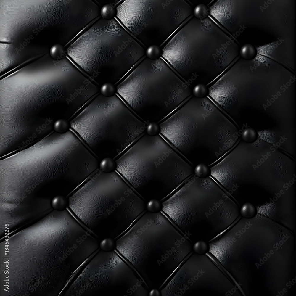 Naklejka premium Black Leather Upholstery with Round Buttons and Quilted Design featuring Textured Patterns for a Sophisticated Look. An Elegant Modern Design. A Beautiful Surface for Furniture