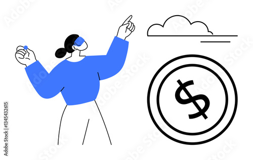 Woman interacts with cloud and dollar coin, highlighting financial connection. Ideal for fintech, savings, cloud computing, investment, earnings, digital economy economic growth. Flat simple