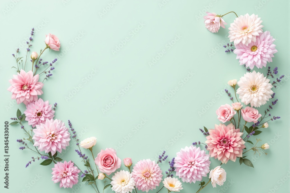 Elegant floral arrangement with pink and white flowers on pastel green background.