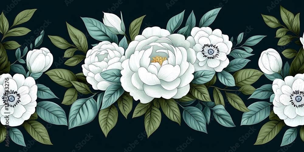 custom made wallpaper toronto digitalElegant White Floral Arrangement Botanical Illustration Fine Art Serene Aesthetic Sophisticated Design