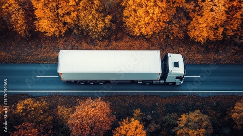 A large white truck driving down a road surrounded by trees