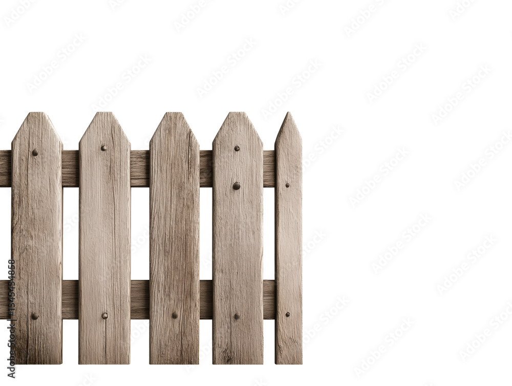 Fototapeta premium Wooden Picket Fence on White Background: Minimalist Rustic Design and Outdoor Decor