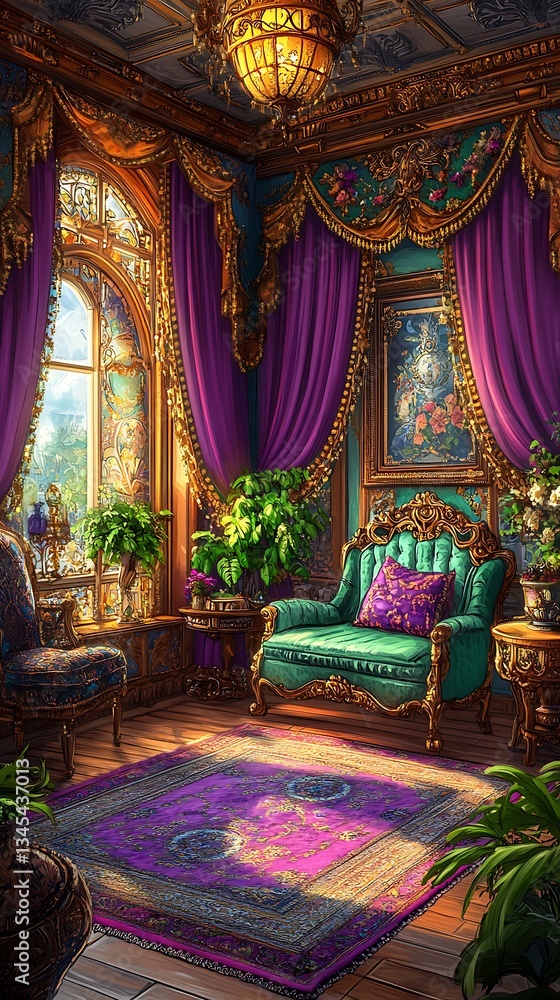 Fototapeta premium Opulent Interior Design with Purple Drapes and Golden Accents Reflecting Sunlight Creating a Rich Ambiance