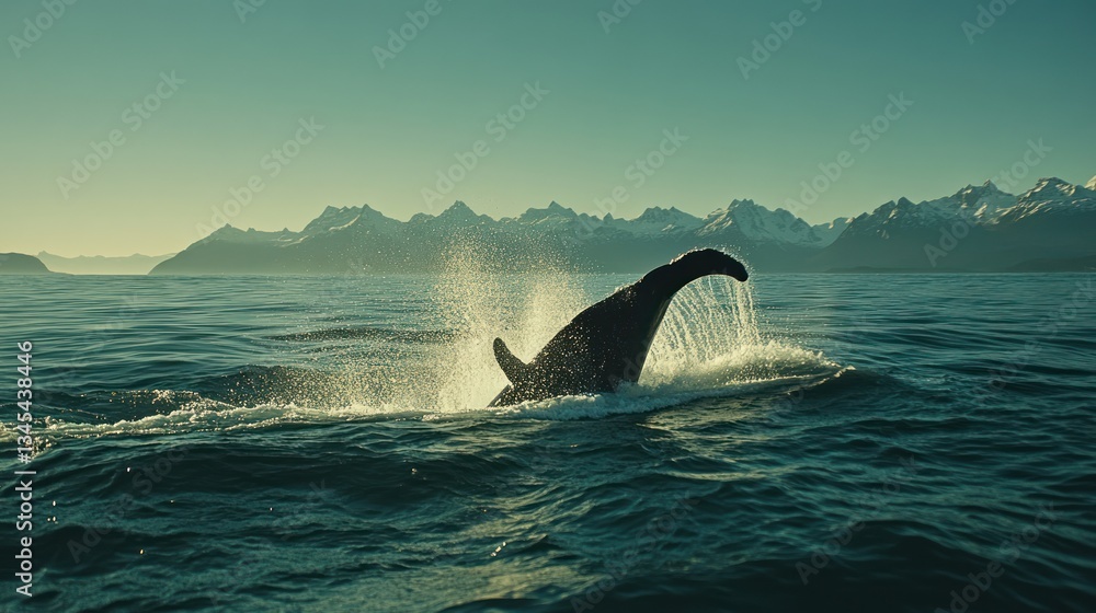 Fototapeta premium Majestic Whale Tail in Fjord: A Breathtaking Moment of Nature
