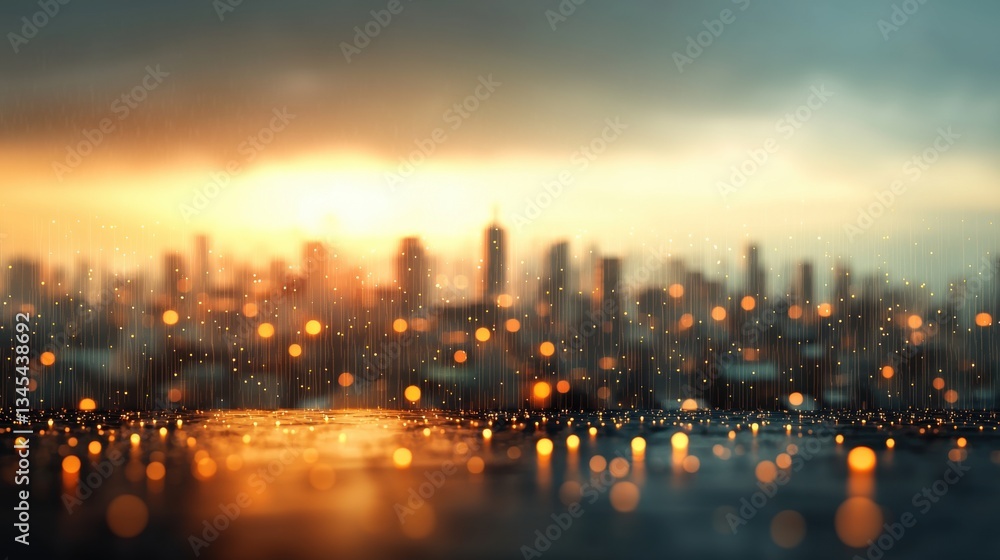 Naklejka premium City skyline with raindrops and warm sunset glow.