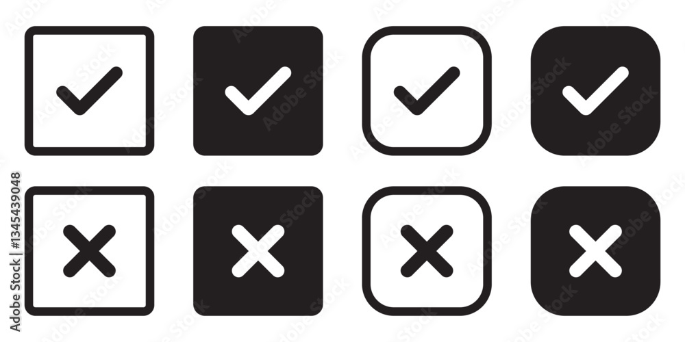 Set of black check box with yes and no sign. Modern label icons check mark and cross on white background. Set of black check box with yes and no sign. Modern label icons check mark and cross on white background.