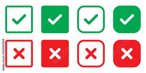 Set of green and red check box with yes and no sign. Modern label icons check mark and cross on white background.