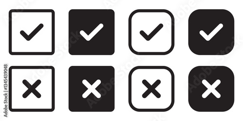 Set of black check box with yes and no sign. Modern label icons check mark and cross on white background.