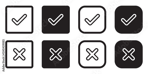 Set of black check box with yes and no sign. Modern label icons check mark and cross on white background.