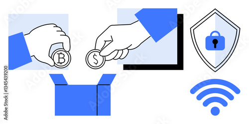 Hands deposit cryptocurrency and dollar coins into a box. Security shield, lock icon, and wireless symbol adjacent. Ideal for finance, saving, investment, technology, security cryptocurrency online