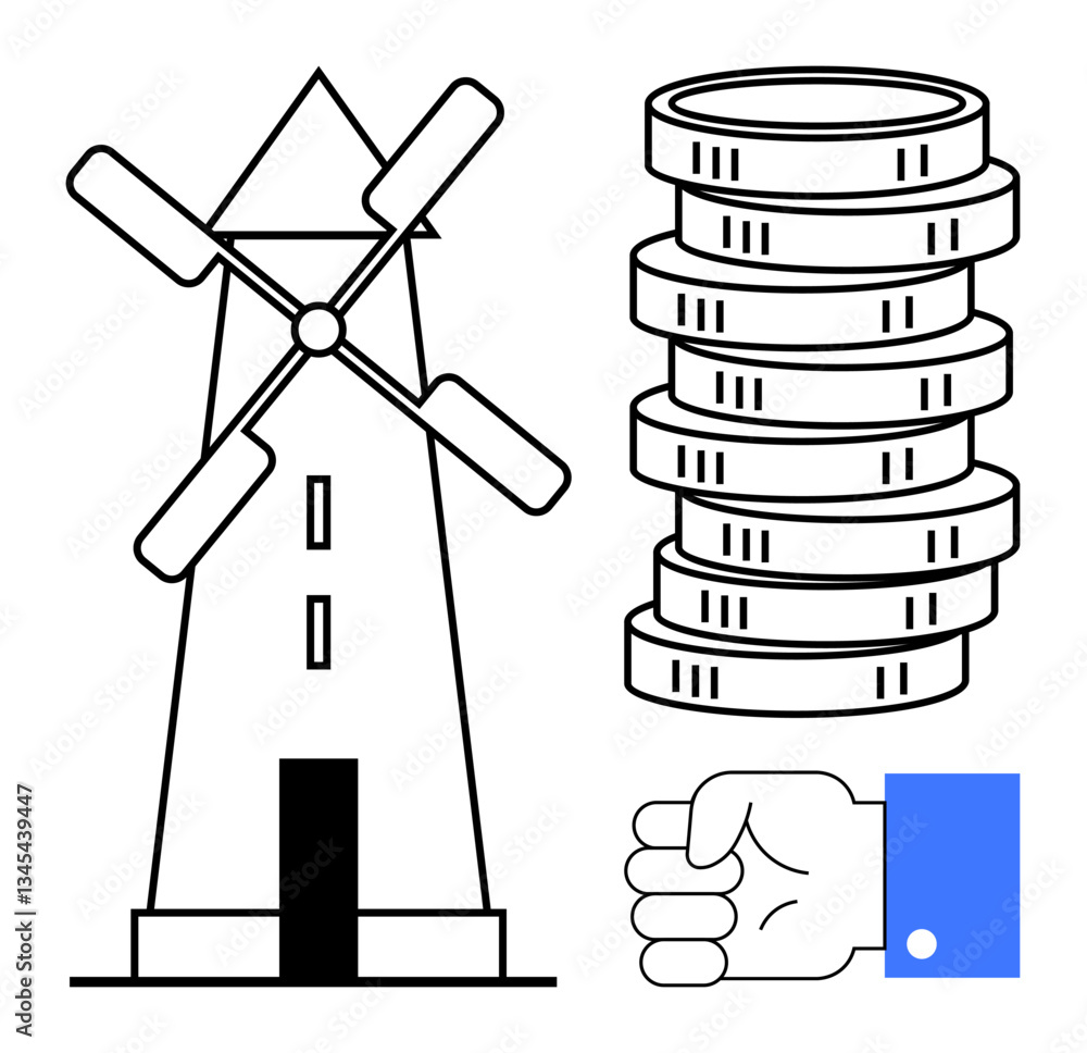 Traditional windmill with rotating blades beside a vertical pile of coins and a clenched fist. Ideal for renewable energy, sustainability, financial growth, economic determination, industry Traditional windmill with rotating blades beside a vertical pile of coins and a clenched fist. Ideal for renewable energy, sustainability, financial growth, economic determination, industry