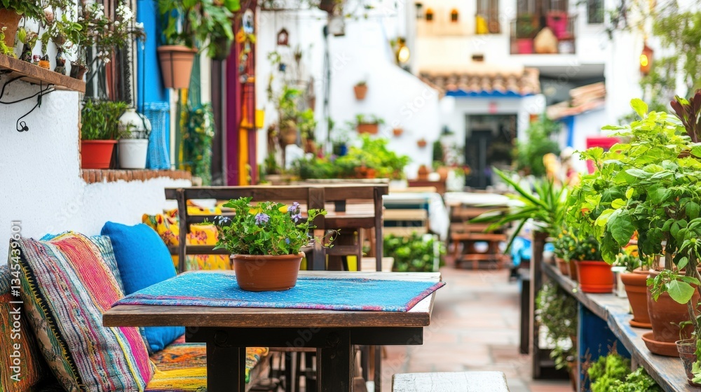 Fototapeta premium Vibrant Rooftop Garden with Cheerful Seating