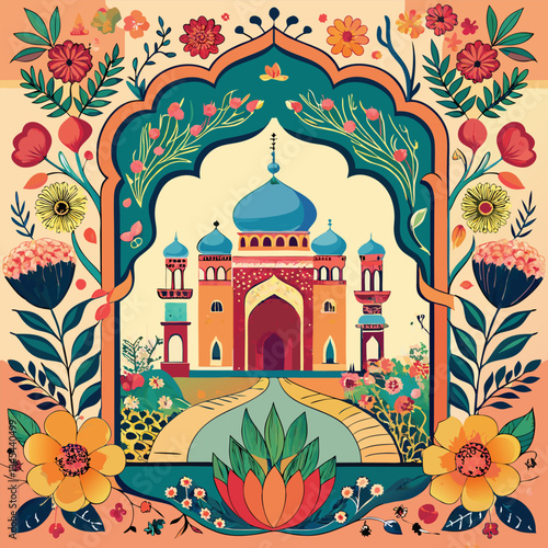 Mughal Patterned Palace Frame with Majestic Peacocks in a Verdant Garden