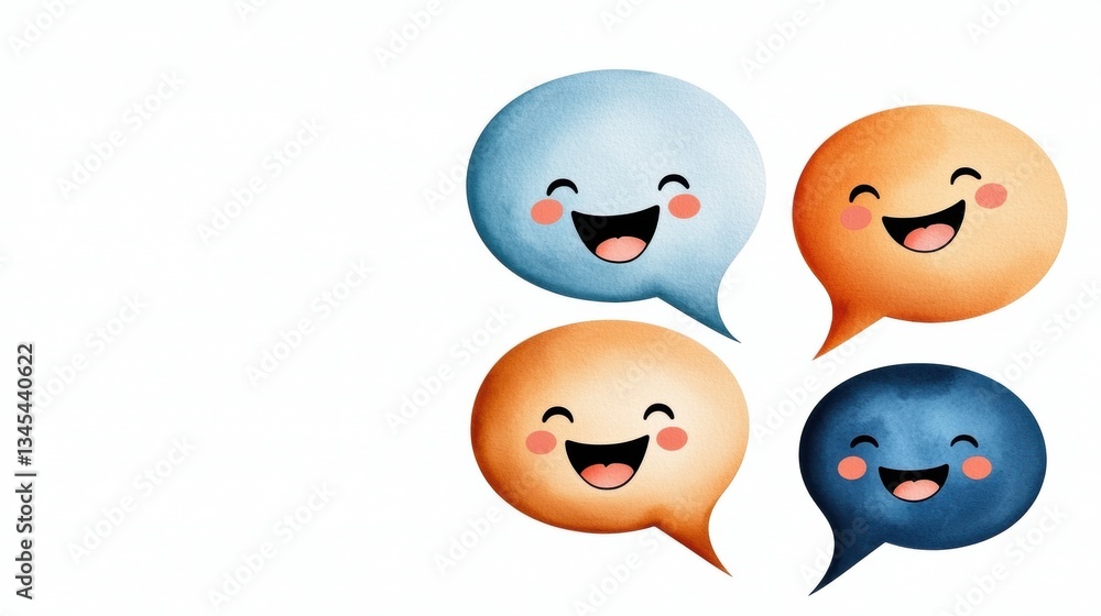 Fototapeta premium Colorful speech bubbles with smiling faces expressing joy.