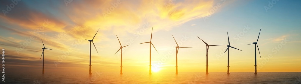 Fototapeta premium Wind Turbines at Sunset Over Calm Ocean Waters with Vibrant Sky