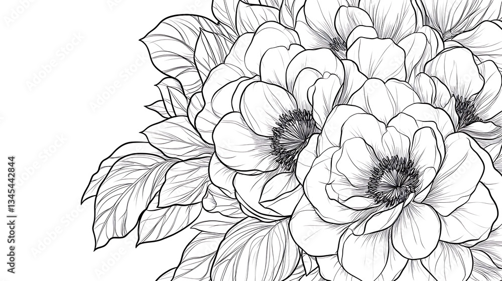 Monochrome Anemone Flower Bloom Arrangement on White Backdrop Botanical Design Illustration Monochrome Anemone Flower Bloom Arrangement on White Backdrop Botanical Design Illustration