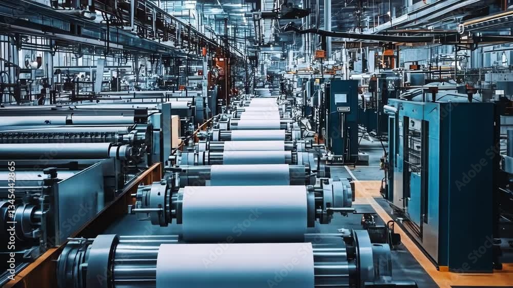 Cutting-edge machinery producing rolls of white paper in a clean factory setting Cutting-edge machinery producing rolls of white paper in a clean factory setting