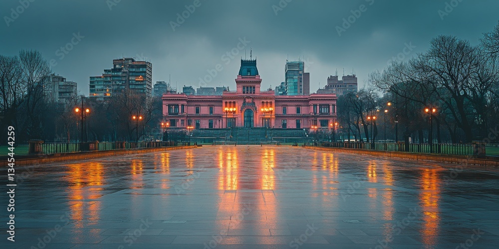 Fototapeta premium Casa rosada reflecting on wet plaza de mayo at dusk in buenos aires