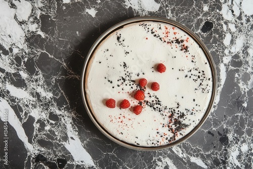 artisanal strawberry shortcake with fresh cream rustic ceramic plate scattered berries soft natural lighting marble counter garnished with mint