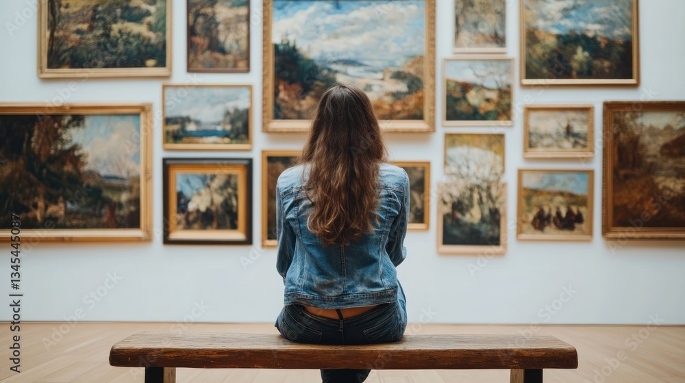 Woman viewing paintings in a museum from a wooden bench alone Woman viewing paintings in a museum from a wooden bench alone