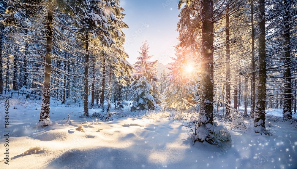 winter wonderland forest landscape with snow and magic light effects winter wonderland forest landscape with snow and magic light effects