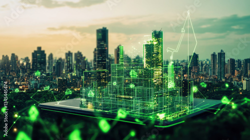 Wallpaper Mural digital cityscape with green holographic buildings emerges from tablet, symbolizing futuristic technology and urban innovation. scene conveys sense of progress and connectivity Torontodigital.ca